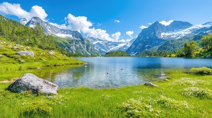 Fototapeta premium Alpine lake, sunny day, mountain panorama, tranquil scene, nature travel
