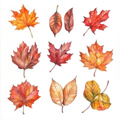 Fototapeta premium Autumn leaves watercolor painting; fall foliage design