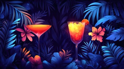 Naklejka premium Vibrant Tropical Cocktails with Exotic Flowers in a Lush Jungle Atmosphere