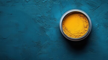 Bright Yellow Turmeric Powder in Round Container on Blue Surface