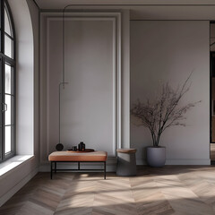 Fototapeta premium Aesthetic elegant minimalist modern interior design. Clear mock up empty wall for decoration in the apartment. Copy space in the room. 