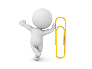 3D Character leaning on gold paper clip