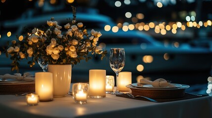 Romantic Candlelit Dinner by the Marina with Flowers and Elegant Table Setting