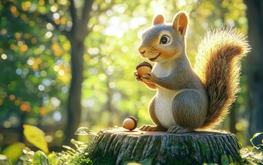 Fototapeta premium Realistic 3D icon cartoon of a squirrel holding an acorn, sitting on a tree stump in a sunny forest