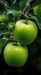 Red and green apples hang from branches in an orchard, creating a colorful display against a softly blurred natural backdrop.