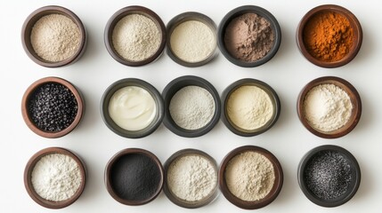 Artistic DIY haircare flat lay, showcasing natural ingredients in polished bowls, isolated on white,