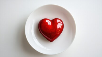 A glossy red heart-shaped object sits on a white plate against a minimalist background, symbolizing love and affection.