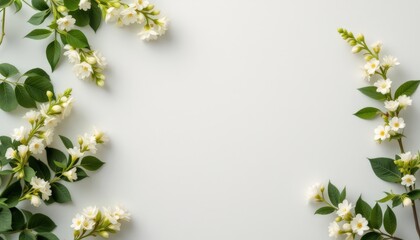 Fototapeta premium Floral border with white daisies and green leaves on light blue background. Decorative frame for wedding, spring, nature concept. Elegant botanical design for invitations, cards, banners with copy spa