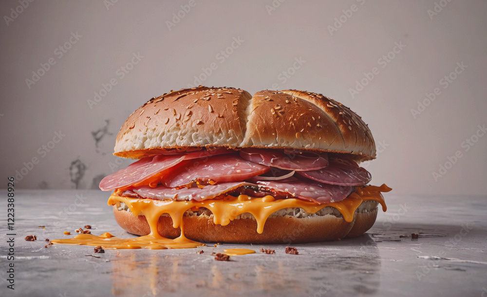 Aufkleber a sandwich with ham and cheese on a table. the sandwich is covered in cheese and has a yellow sauce 