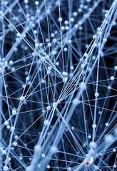 A large grid of pins connected with string. Communication, technology, network concept, with white tones