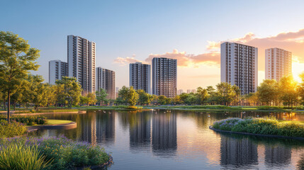 Modern Apartment Complex by Serene Park and Picturesque Reflection Pond