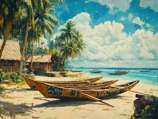A peaceful fishing village with traditional outrigger canoes resting on the shore, their wooden frames adorned with hand-painted patterns and the ocean stretching beyond