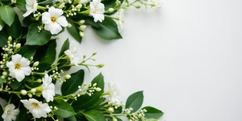 Floral border with white daisies and green leaves on light blue background. Decorative frame for wedding, spring, nature concept. Elegant botanical design for invitations, cards, banners with copy spa