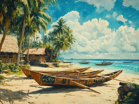 A peaceful fishing village with traditional outrigger canoes resting on the shore, their wooden frames adorned with hand-painted patterns and the ocean stretching beyond
