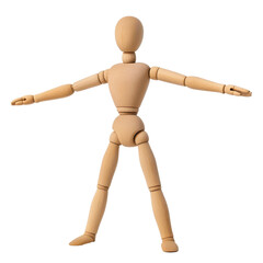 Wooden mannequin dummy celebrating with arms wide open against a clean Transparent background, Wooden Mannequin Dummy Celebrating isolated on PNG background