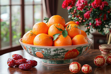 Traditional Display of Fresh Tangerines in Decorative Bowl With Festive Ornaments