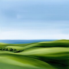 A serene landscape unfolds with rolling green hills gently meeting a calm blue ocean. The clear sky highlights the peacefulness of the scene, inviting relaxation and reflection