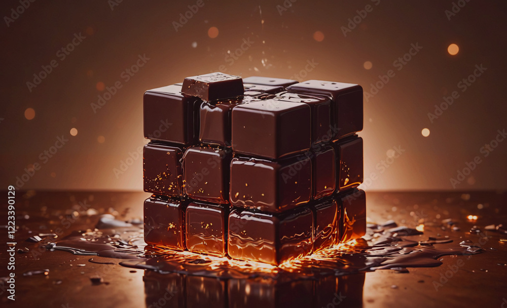 Poster A chocolate cube with a piece missing. The cube is on a table with a brown background. The missing piece is a symbol of the cube's missing piece, which could represent a lost opportunity or a