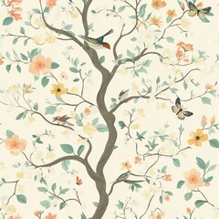Fototapeta premium Blooming tree, birds, butterflies, cream background, nature wallpaper