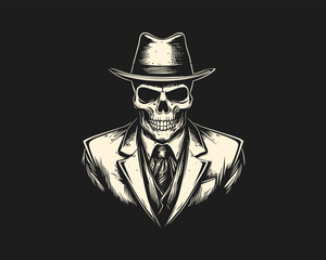 mafia skull vector logo. Skull in mafia suit mascot isolated on a black background. t shirt design