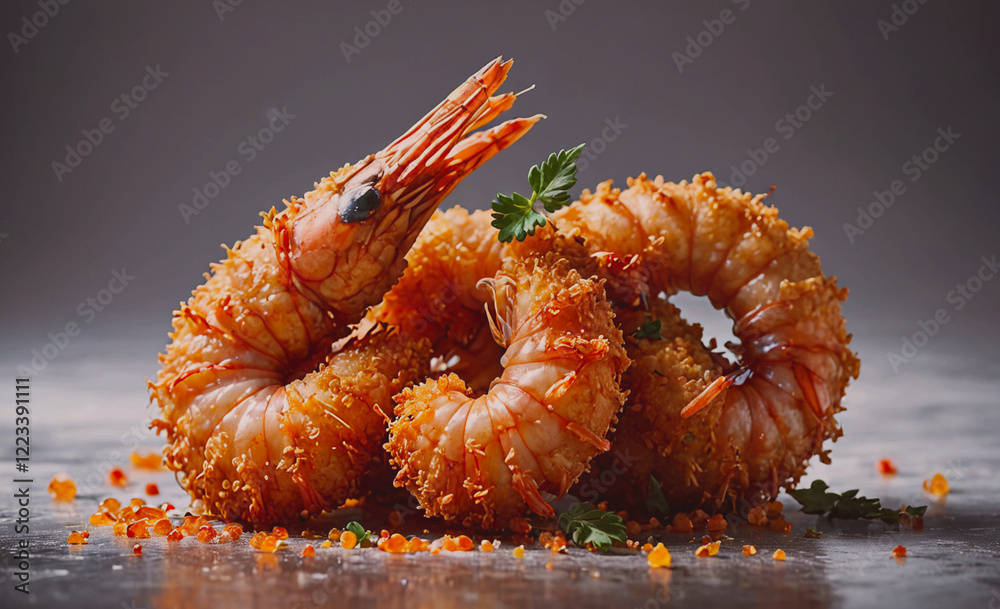 Poster A shrimp is sitting on a plate with some parsley on top. The shrimp is covered in breading and he is fried. The plate is placed on a table, and the shrimp is the main focus of the image