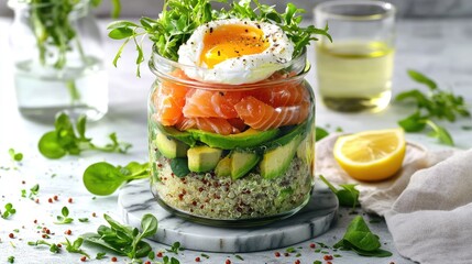 Colorful quinoa salad with salmon, avocado, and poached egg served in a jar on a marble board