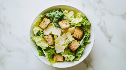 A classic Caesar salad with crisp romaine lettuce, Parmesan cheese, croutons