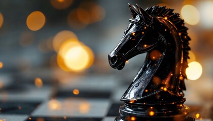 Black Knight Chess Piece Glowing Image Strategy Game