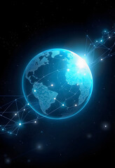 Fototapeta premium Planet with glowing neural connections in dark space. digital illustration depicting global network connection, future connectivity light, doodle art, with white tones