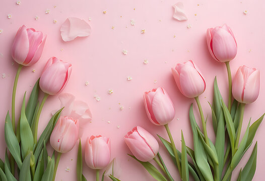 Beautiful composition spring flowers. Bouquet of pink tulips flowers on pastel pink background. Valentine's Day, Easter, Birthday, Happy Women's Day, Mother's Day. Flat lay, top view, copy space - Powered by Adobe