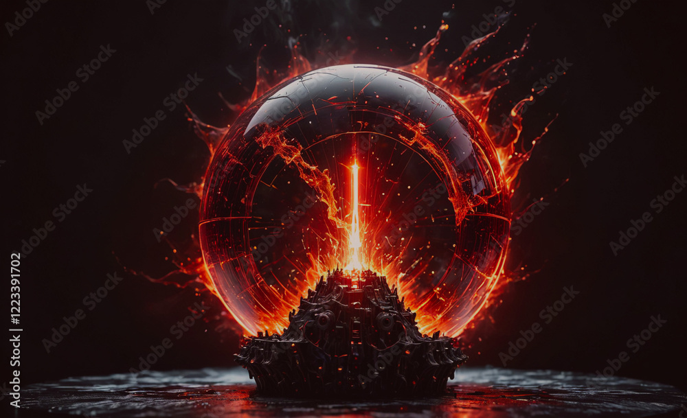 Poster a glowing red orb with a fire inside of it. the fire is surrounded by a black background