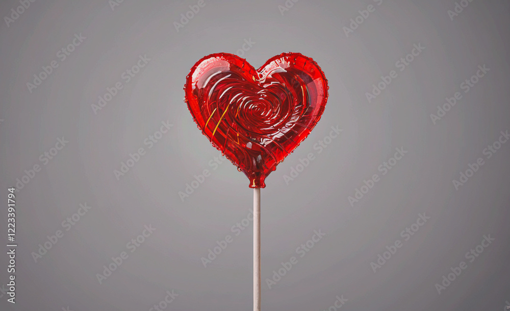 Poster a red heart shaped lollipop is on a stick. the heart is made of a clear material and is surrounded b