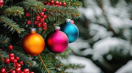 Colorful ornaments hanging on snowy Christmas tree