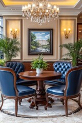 Fototapeta premium Elegant Dining Room with Blue Leather Chairs and Crystal Chandelier in Luxurious Setting