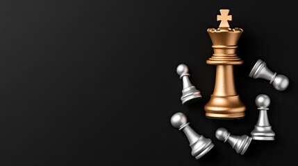 A golden chess piece rises above its silver adversaries, which lay defeated on a dark chessboard, evoking a sense of victory