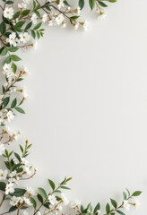 Fototapeta premium Floral border with white daisies and green leaves on light blue background. Decorative frame for wedding, spring, nature concept. Elegant botanical design for invitations, cards, banners with copy spa