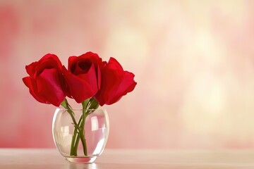 Fototapeta premium Trio Of Red Roses In Glass Vase On A Soft Background.