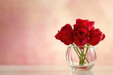 Fototapeta premium Glass Vase With Fresh Red Roses Pink Backdrop