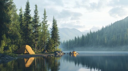 A scenic camping spot surrounded by pine trees and a calm lake, complete with a pitched tent and a campfire,