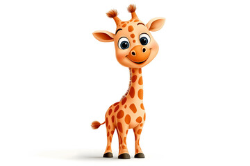 Obraz premium A cartoon giraffe stands joyfully, showcasing its vibrant spots and expressive facial features. The character radiates happiness with a friendly demeanor, appealing to children and families