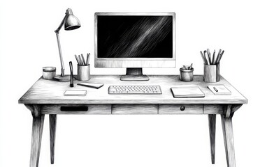 A monochrome vector illustration of a large, rectangular desk with a computer monitor, keyboard, and scattered stationery