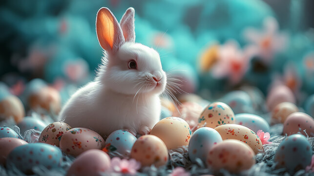 White Bunny with Colorful Easter Eggs
