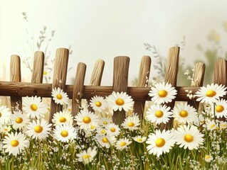 Daisy field with rustic fence in white and yellow palette