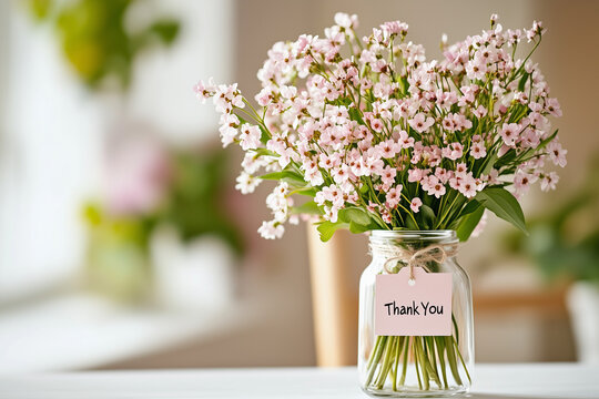 Pink flowers in jar with thank you tag on bright background