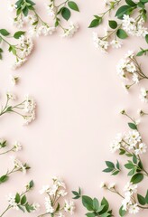 Naklejka premium Floral border with white daisies and green leaves on light blue background. Decorative frame for wedding, spring, nature concept. Elegant botanical design for invitations, cards, banners with copy spa