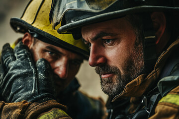Fototapeta premium Generative AI Representation of Firefighters Expressing Emotional Support After a Challenging Rescue Operation