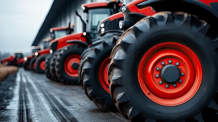 A row of red tractors is displayed outside a factory in Ulyanovsk, showcasing their design and vibrant color under sunny skies
