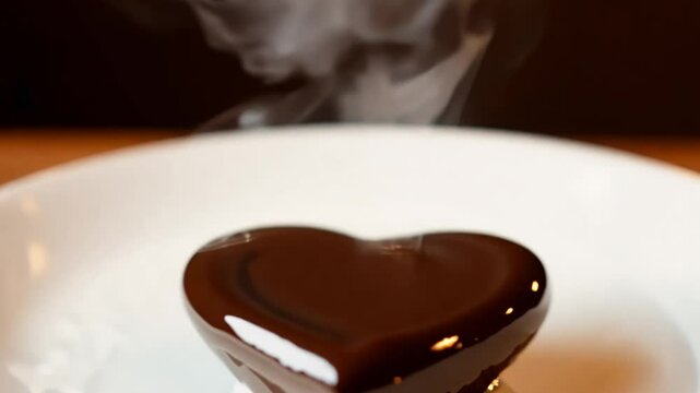 Tilt-down fill light video of a sparkling heart, melted chocolate, dessert plate, steam rising from warm chocolate