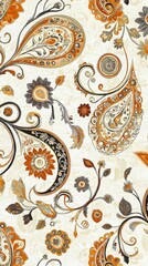 Elegant Orange and Gray Paisley Pattern Seamless Texture