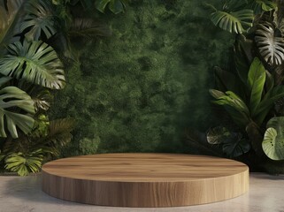 A circular wooden platform surrounded by lush green foliage creates a natural and inviting backdrop.